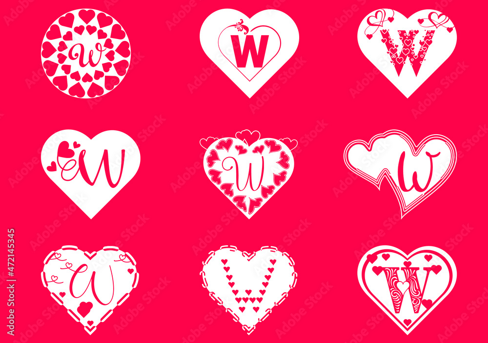 W letter logo with love icon, valentines day design template