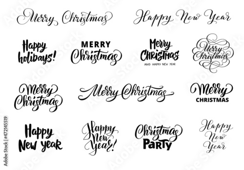 Set of Christmas hand written calligraphy. Winter season holiday wishes. Black typography isolated on white. Merry Christmas and Happy New Year text. For celebration cards, party posters, gift tags.