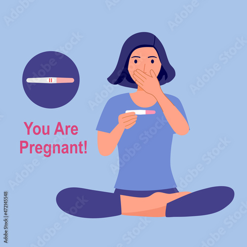 Woman looking at pregnancy test positive result and shock in flat design. You are pregnant concept vector illustration.