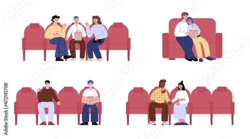 People watching movie in cinema theater flat vector illustration isolated.