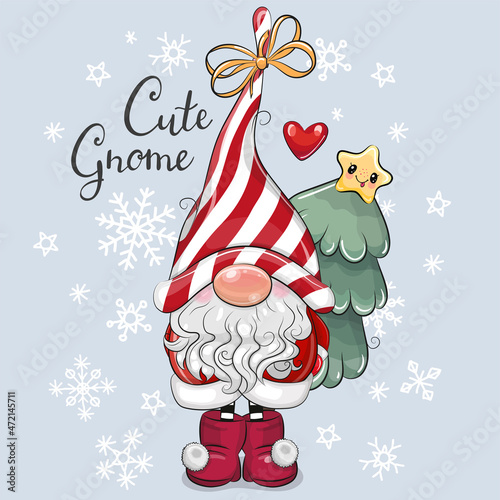 Christmas card Cute Cartoon Gnome on a blue background