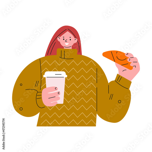 Young woman with coffee and croissant. Vector illustration in flat style.