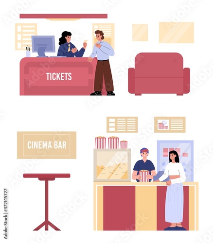 Set of furniture and characters for cinema, flat vector illustration isolated.