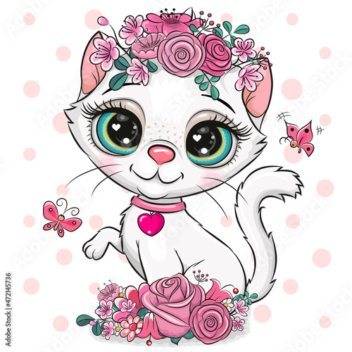 Cartoon Kitten with flowers on a white background