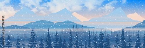 Dawn in the mountains, winter morning. Forest, peaks in the haze. Vector landscape, banner.