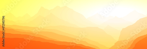 Sunrise in the mountains  panoramic view  vector illustration. Fantasy on the theme of the morning landscape. 