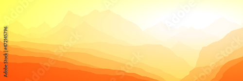 Sunrise in the mountains, panoramic view, vector illustration. Fantasy on the theme of the morning landscape.	