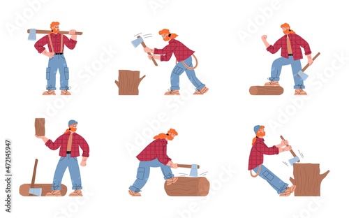 Set of male lumberjack cartoon characters holding axes, chopping wood in flat