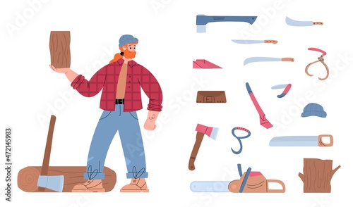 Logging and lumber manufacturing icons set, flat vector illustration isolated.