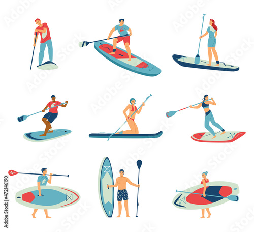 Stand up paddle surfing water sport characters flat vector illustration isolated. photo
