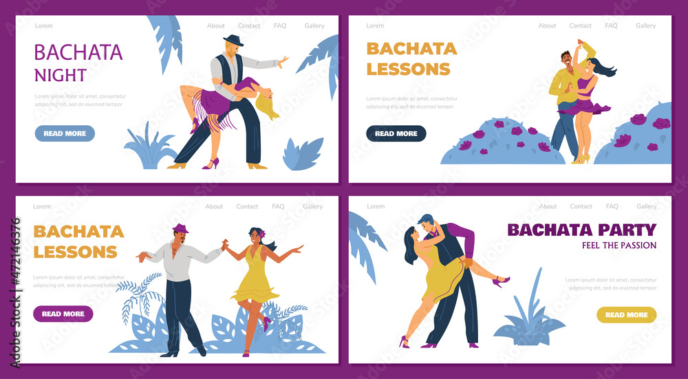 Bachata club lessons and party website banners bundle flat vector illustration.