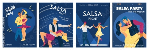 Salsa dance party and night banners or posters bundle flat vector illustration.