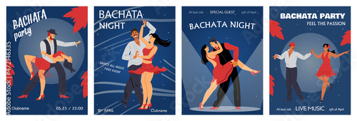 Bachata dance party and night event banners set, flat vector illustration.