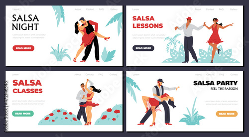 Salsa club events banners collection for web, flat vector illustration.