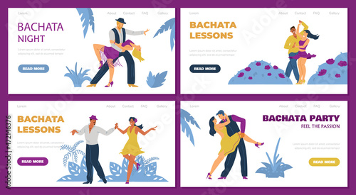 Bachata club lessons and party website banners bundle flat vector illustration.