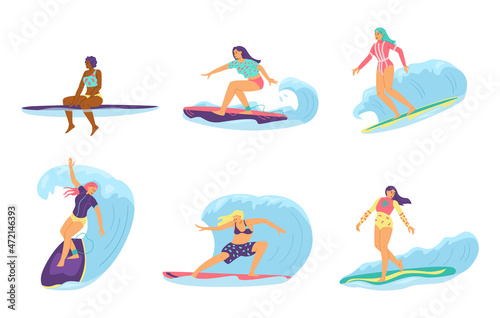 Surfing water sport female characters set, flat vector illustration isolated.