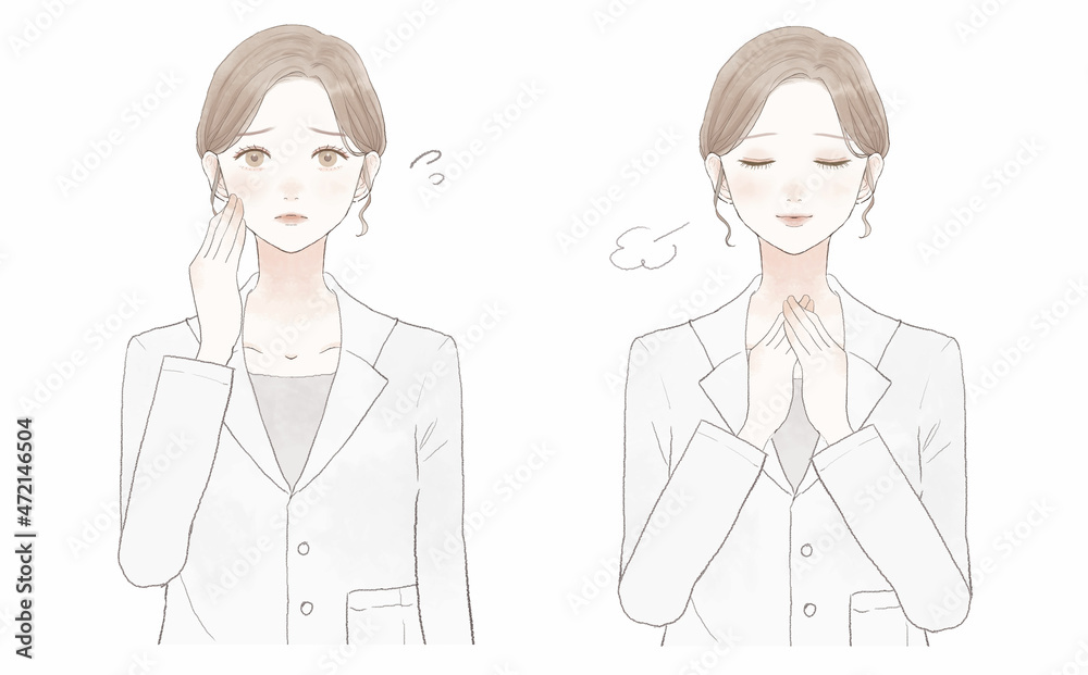 困っている女性医師と安心している女性医師のセット 困っている女性医師と安心している女性医師のセット