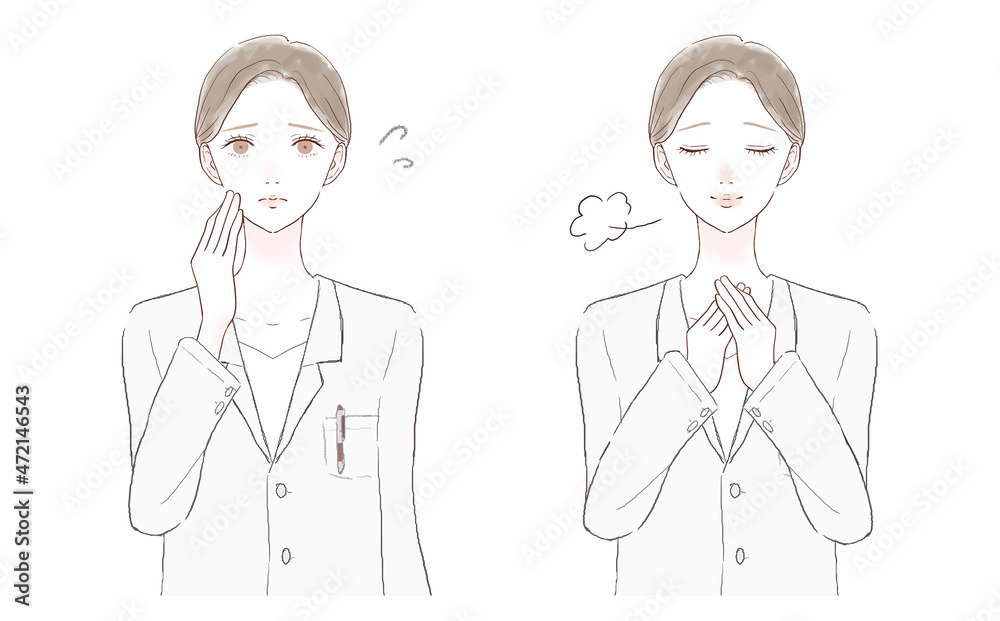 困っている女性医師と安心している女性医師のセット 困っている女性医師と安心している女性医師のセット