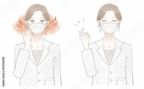 マスク着用による摩擦・炎症に悩む女性医師のビフォーアフター