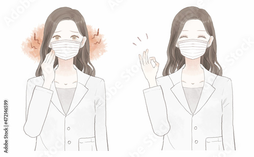 マスク着用による摩擦・炎症に悩む女性医師のビフォーアフター