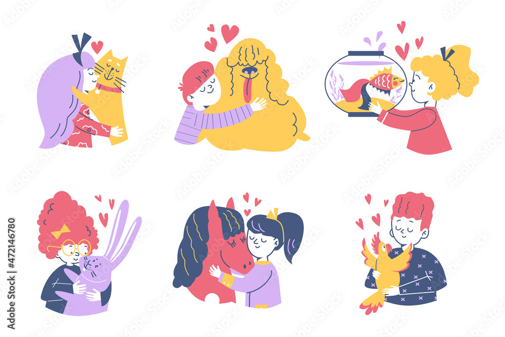 Stickers or badges with children and pets, flat vector illustration isolated.