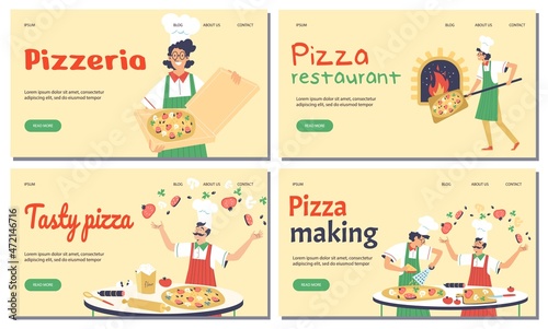 Pizza restaurant web banners with cooks prepare pizza, flat vector illustration.