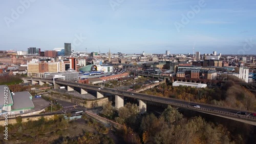 Redheugh Bridge near Utilita Arena in Newcastle City Centre - Aerial Drone 4K HD Footage Rise Up photo