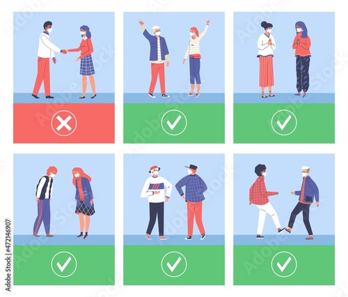 Set of various greeting gestures instead handshaking, flat vector illustration.