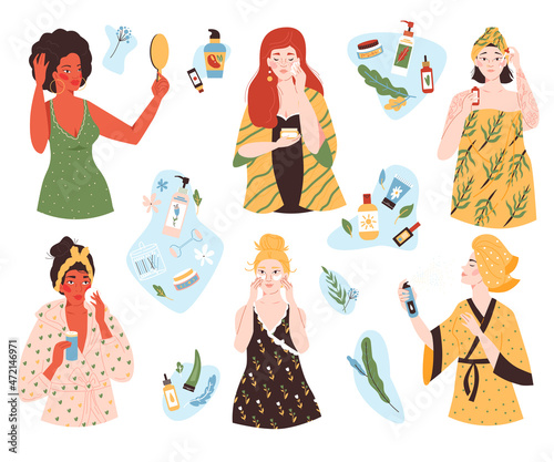 Set of diverse women and their skin care routine, flat vector illustration isolated on white background.