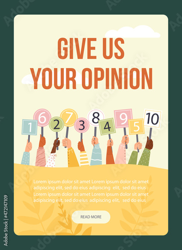 Customers opinion banner with hands evaluating product, flat vector illustration.