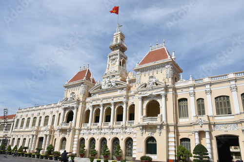 People's Committee of Ho Chi Minh City Medium Wide Side View with Street and Flag on Clock Tower