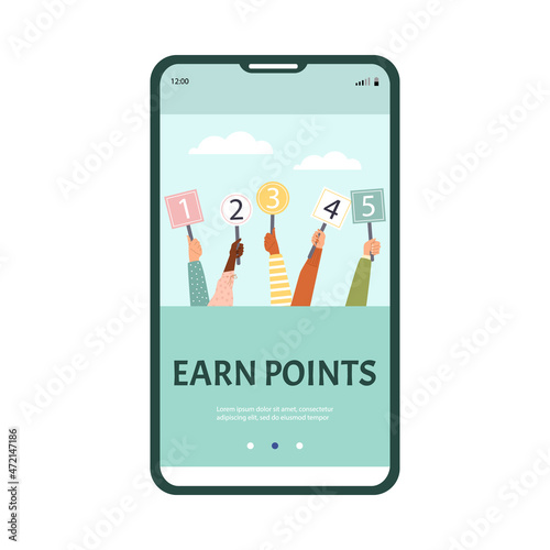Earn points concept for onboarding mobile page, flat vector illustration.