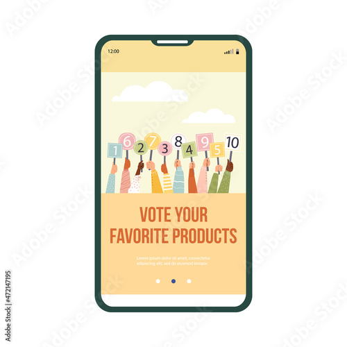 Product vote concept for mobile onboarding screen, flat vector illustration.