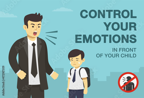 Angry male character yelling at his kid.Control your emotions in front of your child warning design.Crying school child.Flat vector illustration template.