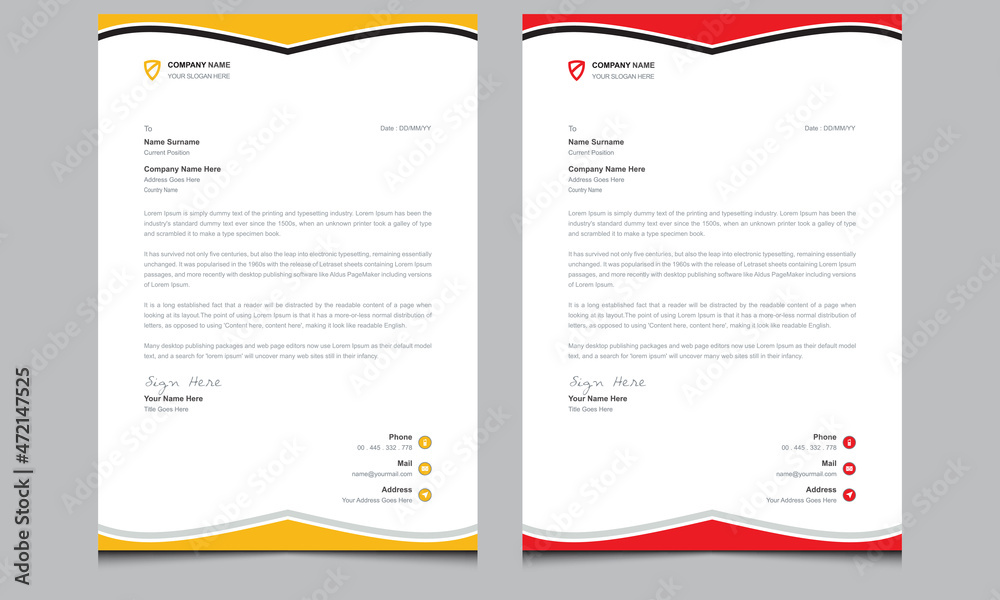 Simple abstract new unique clean minimal modern elegant company professional creative corporate business stylish letterhead template vector design with yellow and red shapes. 