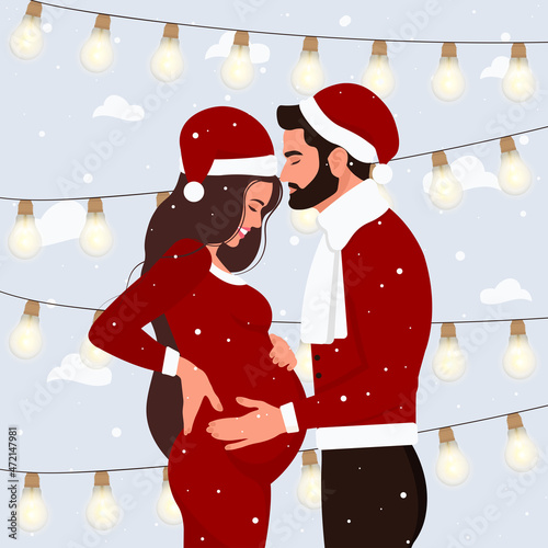 Christmas banner with lovely couple expecting a baby, future mom and dad hugging belly with arms in winter. Santa Claus couple. Flat vector illustration. Couple on the background of falling snow.