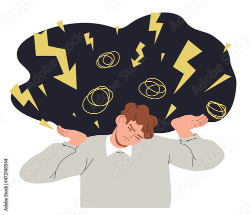 Man trying to hold a big negative cloud on his shoulders. Stress, panic attack, psychiatric or psychological problems. Mental health or disorder concept. Hand drawn vector cartoon style illustration