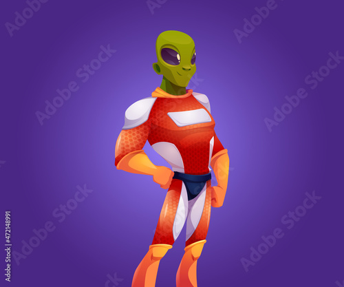 Alien character in spacesuit isolated on background. Vector cartoon illustration of green extraterrestrial astronaut in spaceman costume. Smiling humanoid cosmonaut