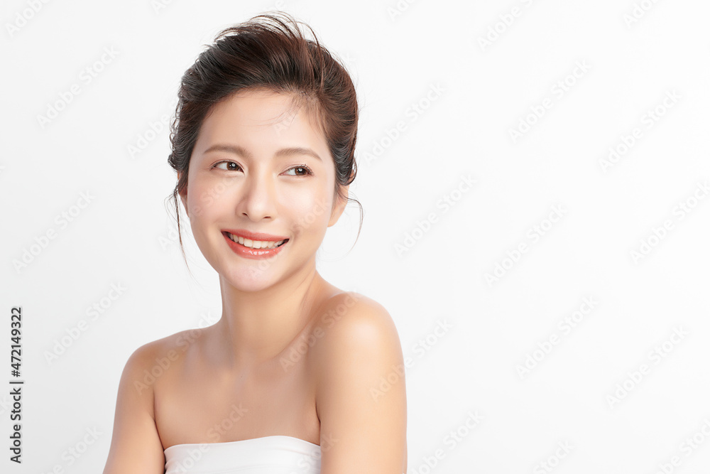 Beautiful young asian woman with clean fresh skin on white background, Face care, Facial treatment, Cosmetology, beauty and spa, Asian women portrait.