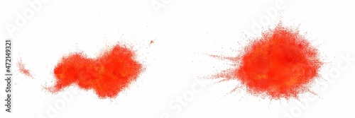 Chili pepper powder splash, isolated spicy burst, dust or red color explosion on white background. Chilli or paprika spice splatters, paint clouds design elements, Realistic 3d vector illustration