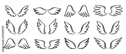 Angel doodle wing set. Hand drawn sketch style wing. Bird feather, angel concept vector illustration. Pencil line drawing.