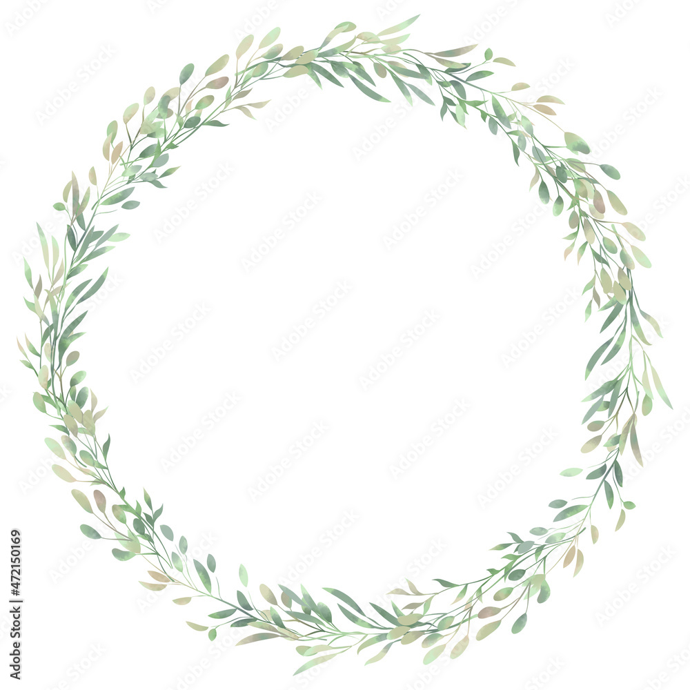 Watercolor wreath. Spring foliage. Beautiful isolated clipart element for design.