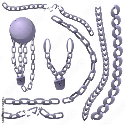 Iron chains, shackles with heavy ball and padlock. Concept of prison, slavery and jail break. Vector cartoon set of handcuff, fetters, broken chains and locks isolated on white background