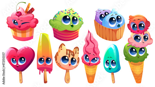 Set of cute ice cream kawaii characters, funny summer food emoticons, popsicle, sundae, gelato, fruit ice, waffle cone, kitten, cherry and heart sweet smiling delicacy for kids, Vector illustration