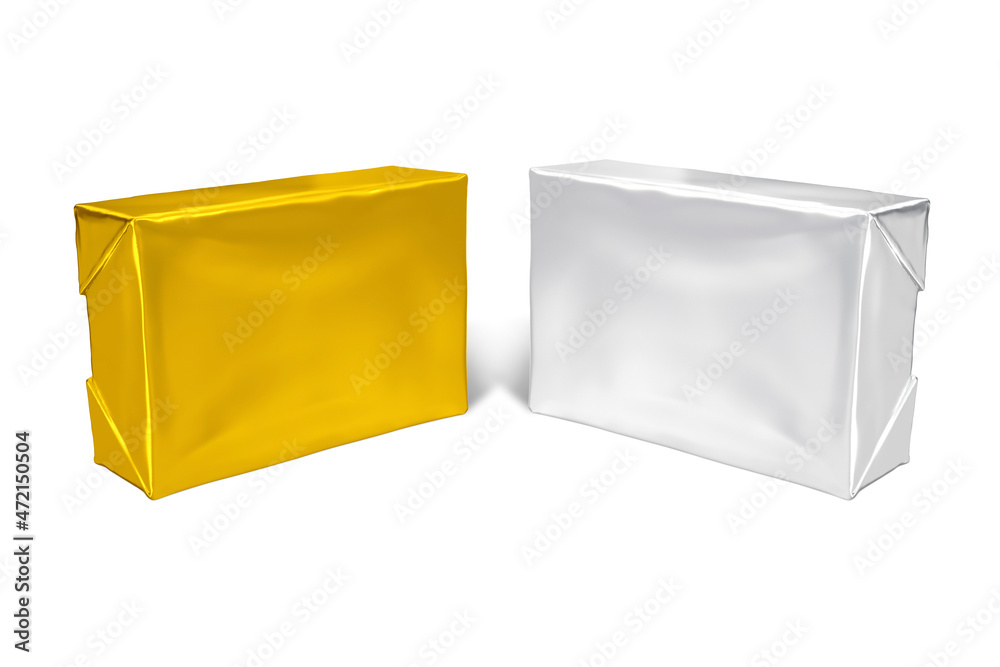 Realistic render of isolated foil paper wrap box with shadow,(butter
