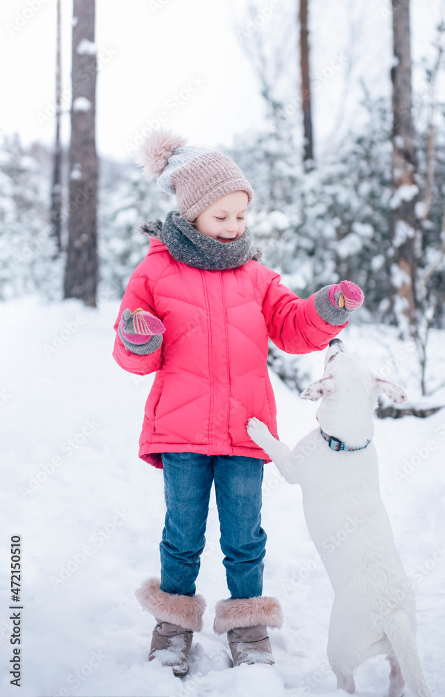 Little girl in a bright jacket plays in the winter snowy forest with her dog Little girl in a bright jacket plays in the winter snowy forest with her dog