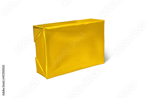 Realistic render of isolated foil paper wrap box with shadow,(butter, spread, soap mock up) on white background. 3d rendering. Dairy Butter block Foil Wrap Mockup Isolated on White Background.