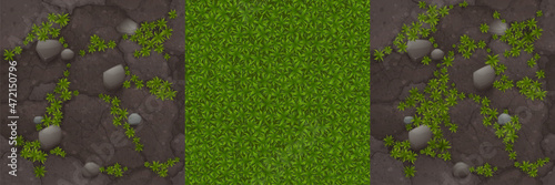 Textures of ground with moss, stones and green grass for game background. Vector cartoon seamless patterns of top view of land surface with cobblestones and lawn
