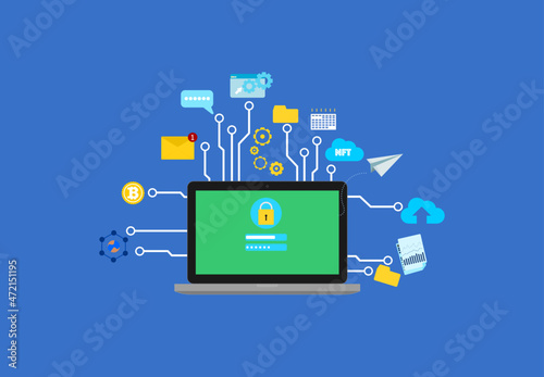 Security concept of data and digital assets. Encryption on laptop for data security. Flat design vector illustration