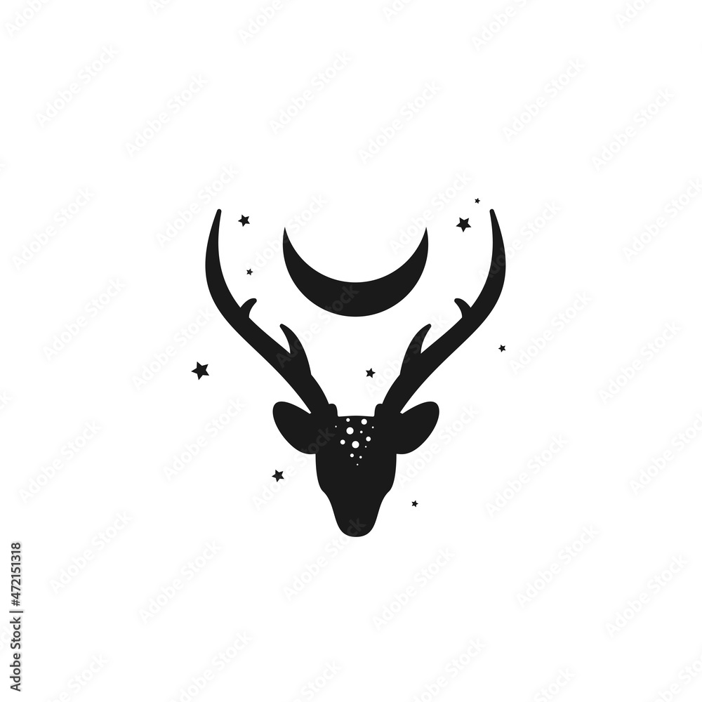 Silhouette of deer head with antlers, crescent moon and stars. Magic, witchcraft, nature symbol. Silhouette of deer head with antlers, crescent moon and stars. Magic, witchcraft, nature symbol.